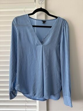 Ann Taylor Light Blue V-Neck Long Sleeve Blouse with Navy Dot Print